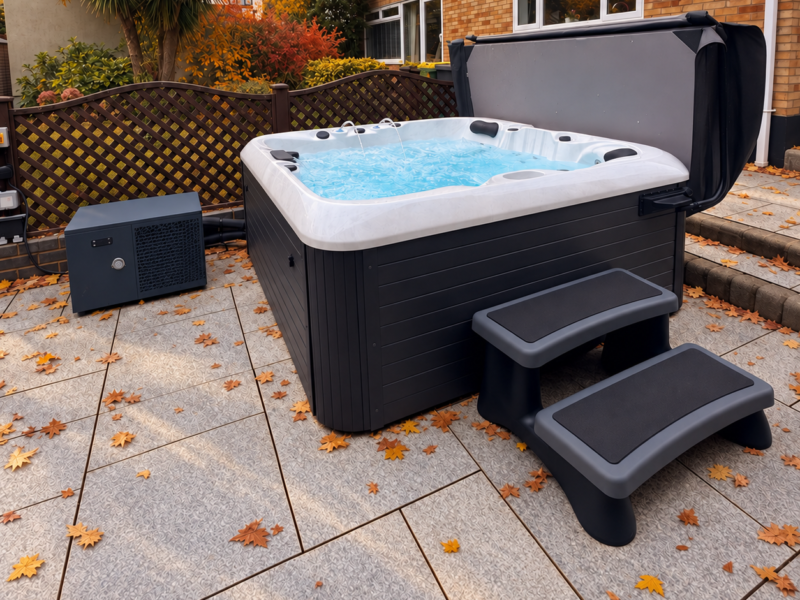 Outdoor hot tub with a white shell, dark cabinet, access steps and a heat pump on a garden patio.