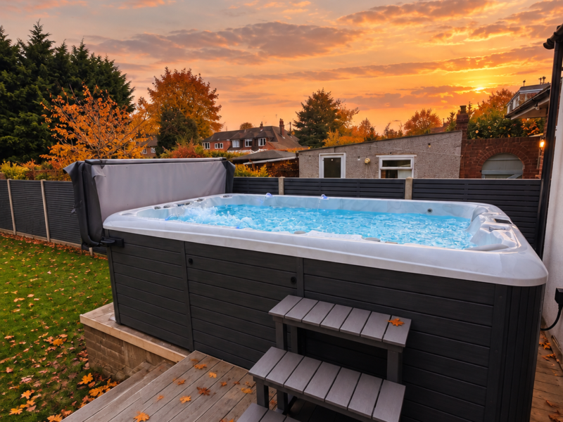 Outdoor swim spa with a white shell, dark cabinet and access steps on garden decking at sunset.