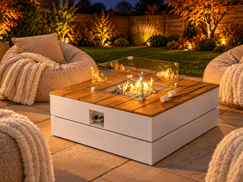 White outdoor fire pit table with a wooden top and glass wind guard, surrounded by cushioned seating on a garden patio at dusk.