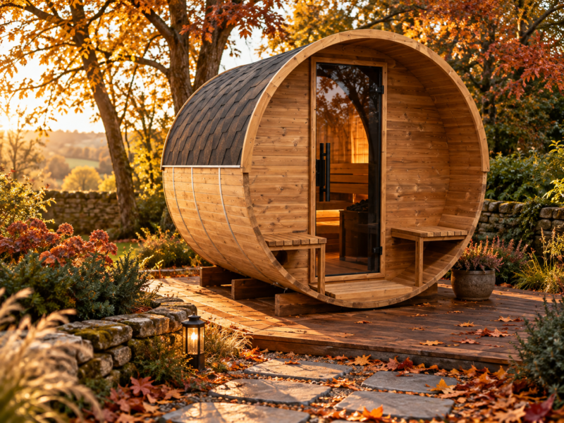 Wooden outdoor barrel sauna with a glass door and porch seating on decking in an autumn garden.